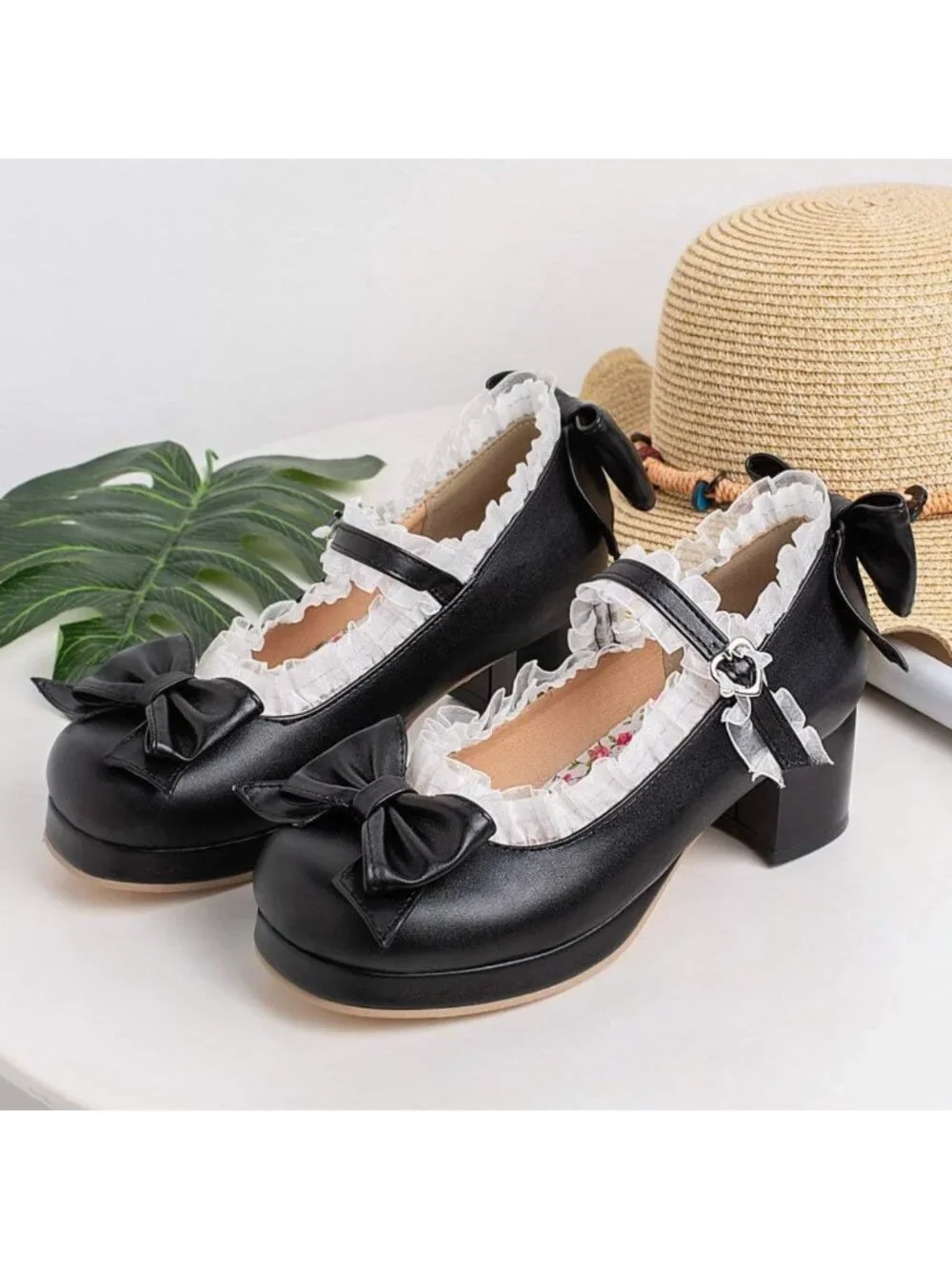 Kawaii Mid Block Heel Mary Jane Pumps with Bow | Rockabilly Style Shoes for